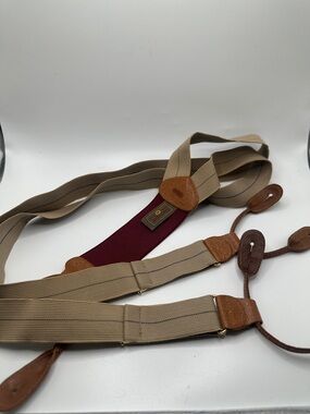 Trafalgar Beige Elastic Suspenders with Brown Leather and Burgundy Panel